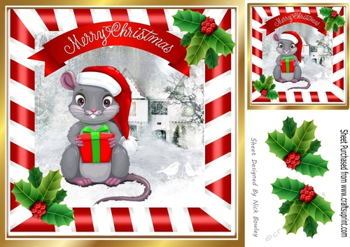 Cute christmas mouse in festive stripe frame with holly 8x8