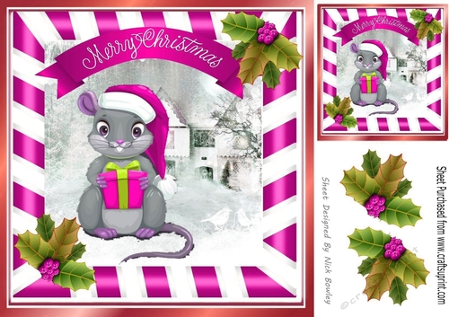 Cute christmas mouse in festive pink stripe frame with holly 8x8