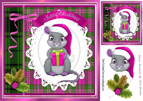 Cute christmas mouse in festive pink tartan frame with holly 8x8