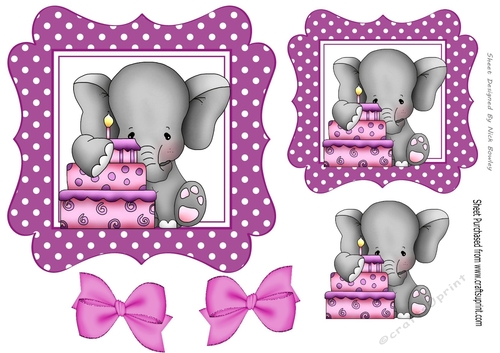 Cute elephant with birthday cake  and pink bows 7x7