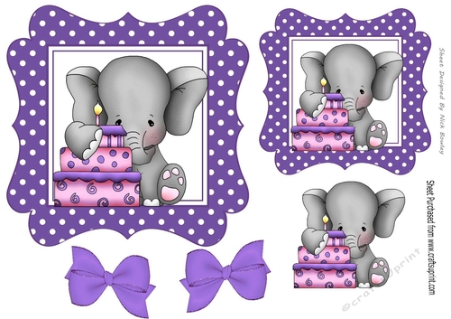 Cute elephant with birthday cake  and purple bows 7x7