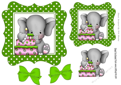 Cute elephant with birthday cake  and green bows 7x7
