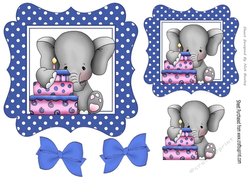 Cute elephant with birthday cake  and blue bows 7x7
