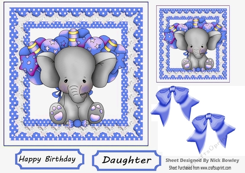 Cute elephant with balloons lace and blue bows 7x7
