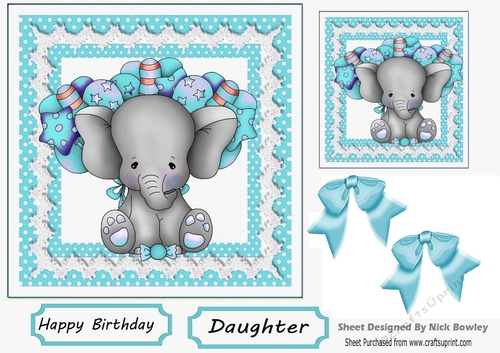 Cute elephant with balloons lace and turq bows 7x7
