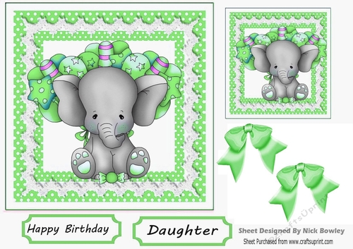 Cute elephant with balloons lace and green bows 7x7
