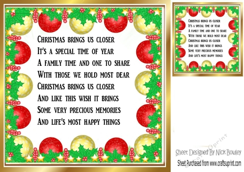 Lovely festive christmas bauble frame 8x8 card front/insert with verse