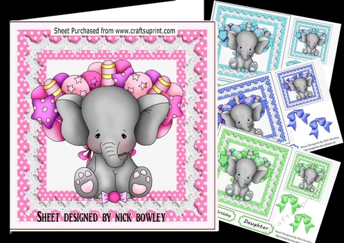  4 Cute eles with balloons lace and bows 7x7 card fronts mini kit