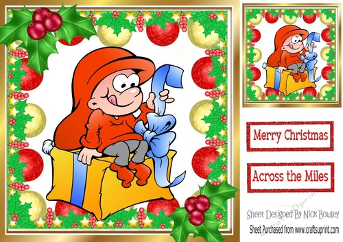 Cheeky elf sitting on a present in holly and bauble 8x8 frame