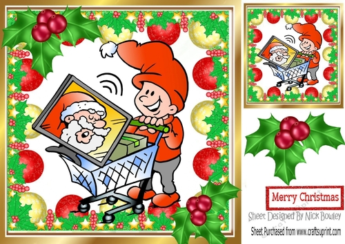 Cheeky elf with presents in holly and bauble 8x8 frame