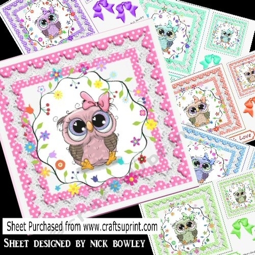  6 cute owls with flowers in polkadot and lace card fronts 7x7 mini kit