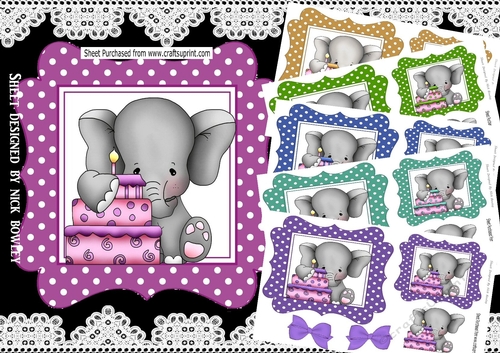  6 Cute eles with birthday cakes  and bows card fronts 7x7 mini kit