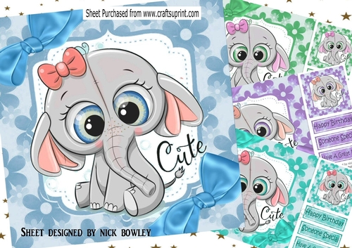 4 Adorable Eles with flowers and bows 8x8 card fronts mini kit