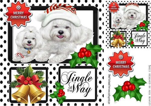 Cute westies in black polkadot window with holly and bell 8x8