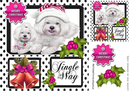 Cute westies in black polkadot window with holly and bell 8x8 (cerise)