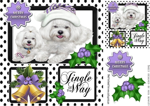 Cute westies in black polkadot window with holly and bell 8x8 (purple)