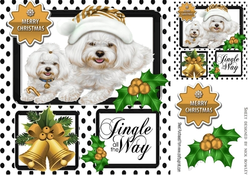 Cute westies in black polkadot window with holly and bell 8x8 (gold)