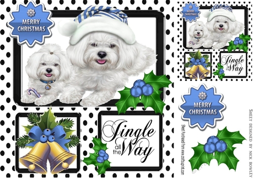 Cute westies in black polkadot window with holly and bell 8x8 (blue)