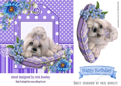 cute puppy on cushion with purple and blue flowers 7x7