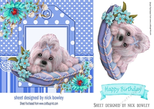 cute puppy on cushion with turq flowers 7x7