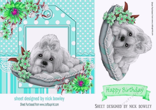 cute puppy on cushion with green flowers 7x7