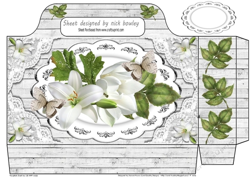 Pretty tote  bag with white lilies, lace and paper butterflies