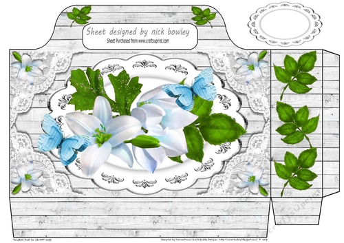 Pretty tote  bag with white lilies, lace and paper blue butterflies