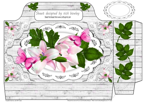 Pretty tote  bag with white lilies, lace and paper pink butterflies