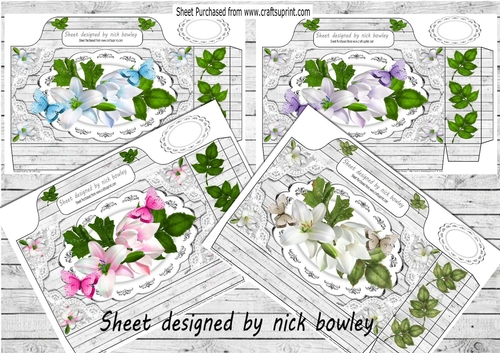  4 Pretty tote  bags with white lilies, lace and paper butterflies mini kit