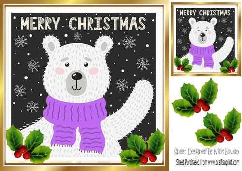  Christmas polar bear in purple scarve card front 8x8