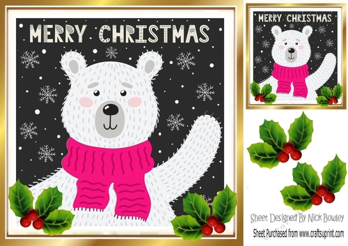 Christmas polar bear in pink scarve card front 8x8
