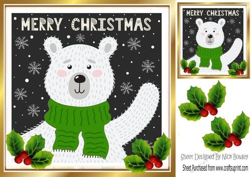 Christmas polar bear in green scarve card front 8x8