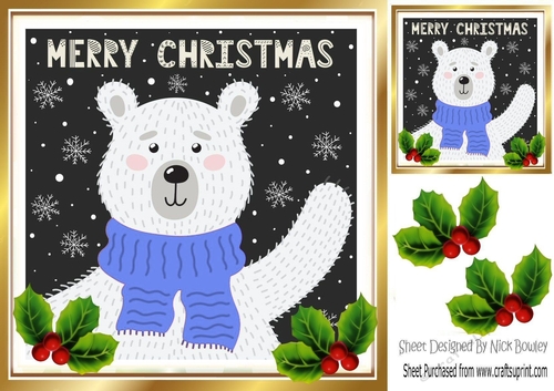 Christmas polar bear in blue scarve card front 8x8