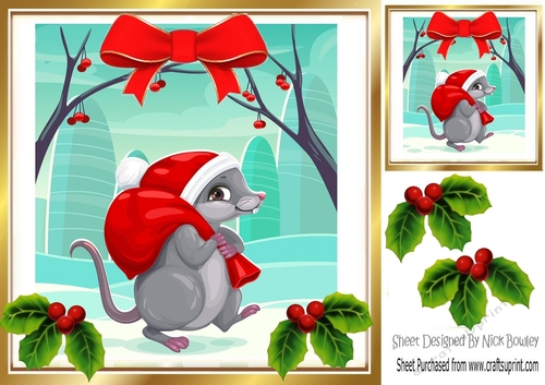 Cute Mouse in santa hat, with holly and bow 8x8