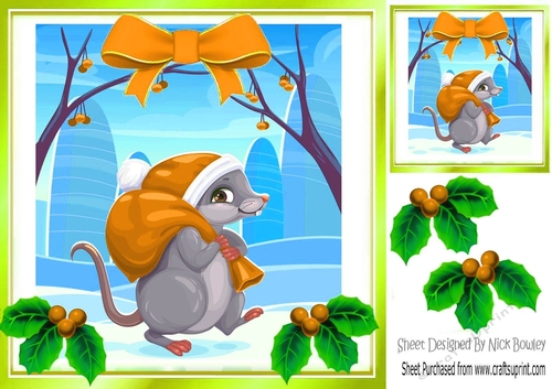 Cute Mouse in gold santa hat, with holly and bow 8x8