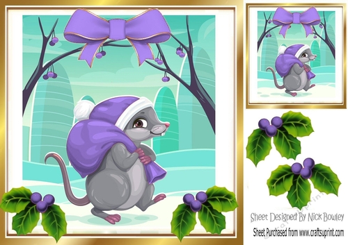 Cute Mouse in purple santa hat, with holly and bow 8x8