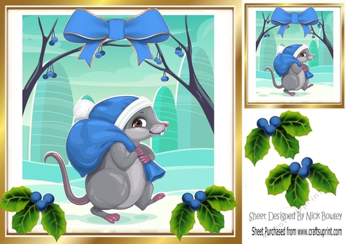 Cute Mouse in blue santa hat, with holly and bow 8x8
