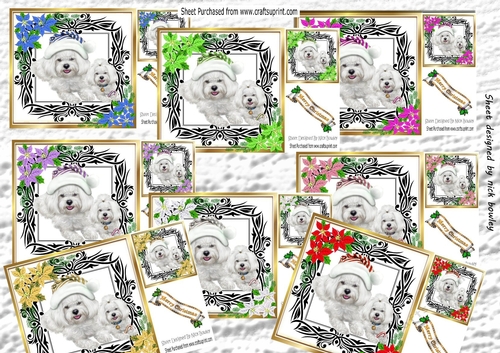  8 westies in santa hats, festive frames with flowers card fronts 8x8 mini kit