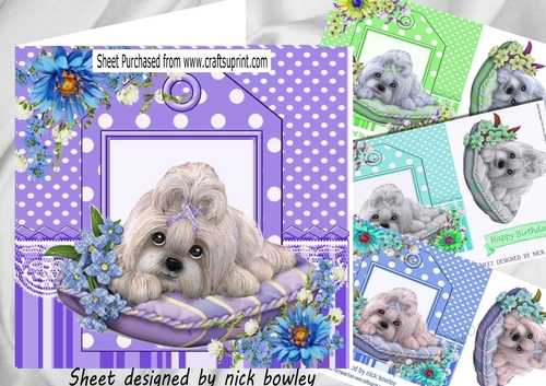  4 cute westies on cushion with flowers card fronts 7x7 mini kit