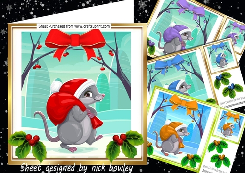  4 Cute Mice in santa hats, with holly and bows 8x8
