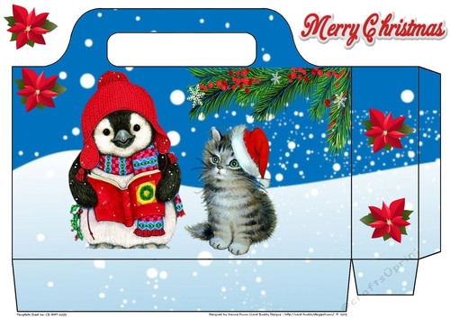 Pretty tote  bag with snow scene, penguin and kitten
