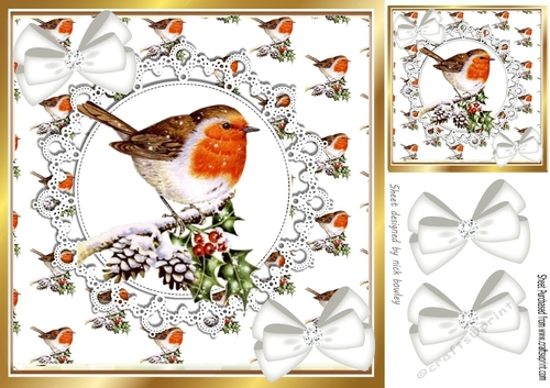 Pretty robin on a branch with snow with white bows 8x8