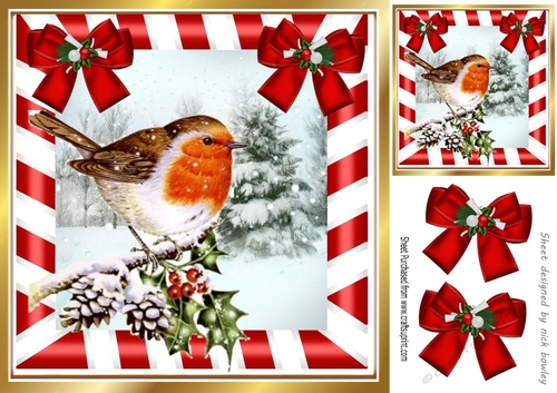 Pretty robin on a branch with snow with red bows 8x8
