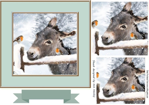 Cute donkey in the snow with robins  7x7 with pyramids