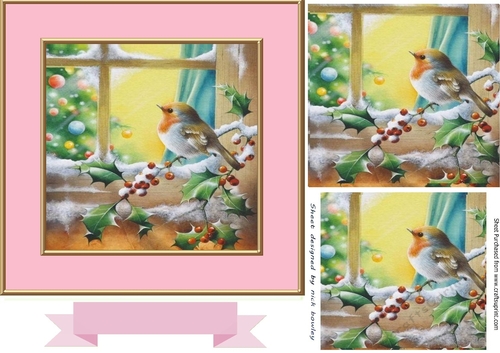 Cute Robin on a holly and berry branch in the snow 7x7 with pyramids (pink)