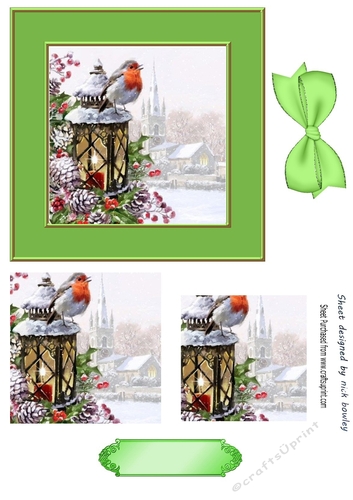 Pretty robin on a lantern in a 6x6 snow scene pyramids (green)