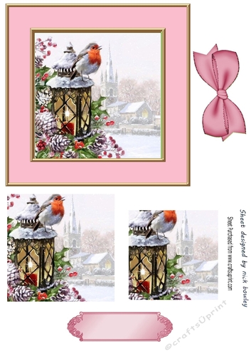 Pretty robin on a lantern in a 6x6 snow scene pyramids (pink)