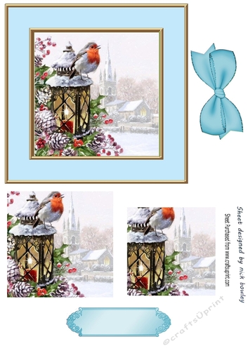 Pretty robin on a lantern in a 6x6 snow scene pyramids (blue)