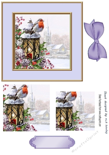 Pretty robin in snow frame with baubles/bow A5 (lilac)