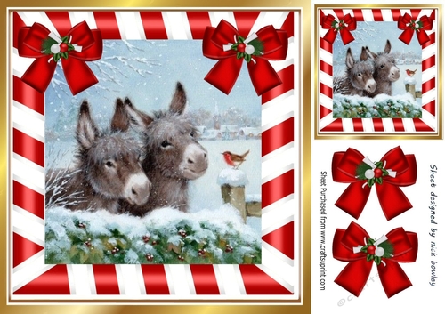 Cute Donkeys with robin in snow scene with red bows 8x8